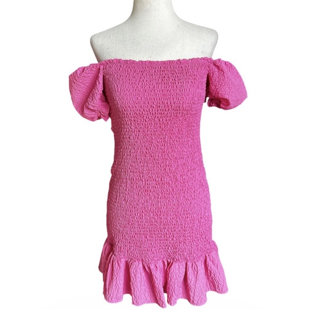 Zara Textured Weave Puff Sleeve Dress Size Medium Pink Ruffle Mini Dress | 8-21